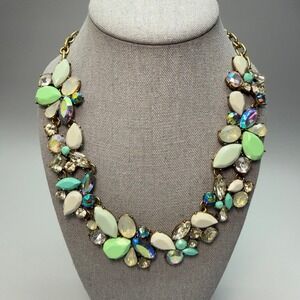 J Crew Chunky Rhinestone Bib Necklace 18" Mint Green Blue White Cable Chain